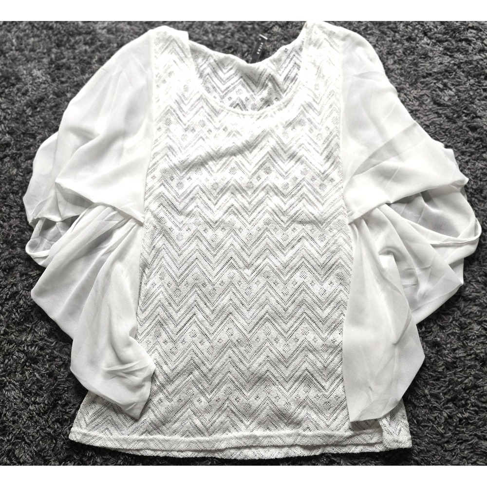 Entro White Chevron Knit Top Sheer Chiffon Butterfly Sleeve T2608 Womens Medium
